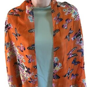 *FREE with bundle! Womens Orange Butterfly Floral Print Sheer Lightweight Scarf